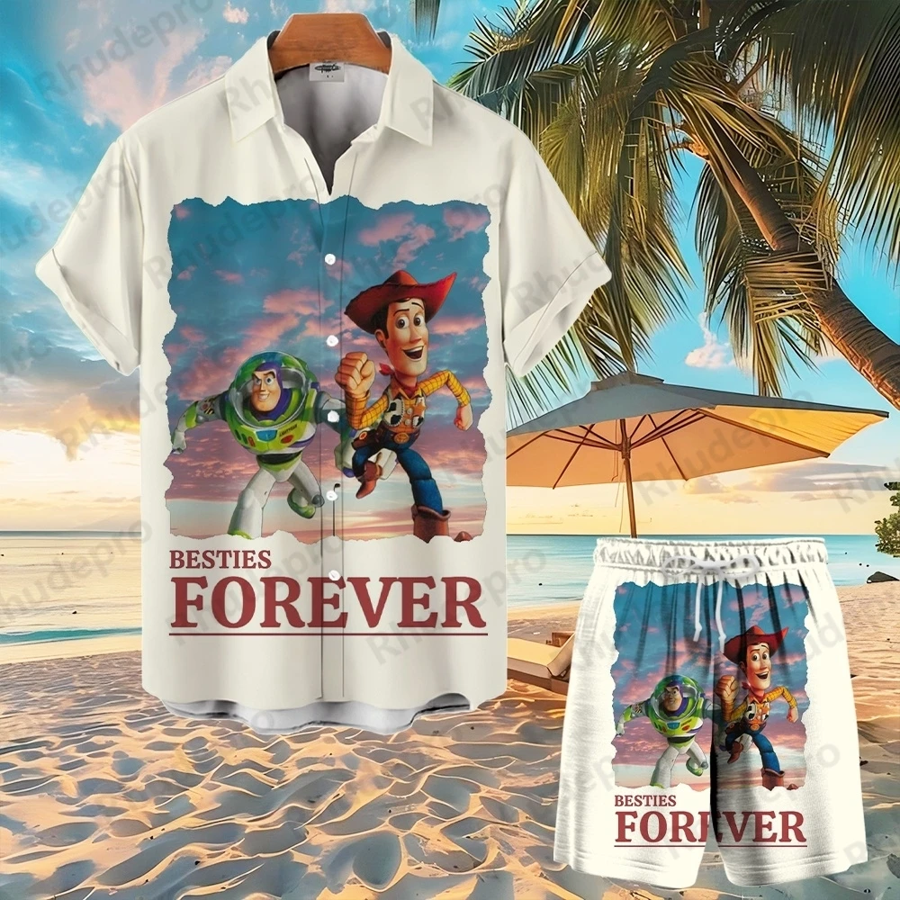 

Disney Toy Story Men Women Hawaiian Shirt Set Summer Short Cartoon Tropical Button Shirt For Short Sleeve Buzz Lightyear