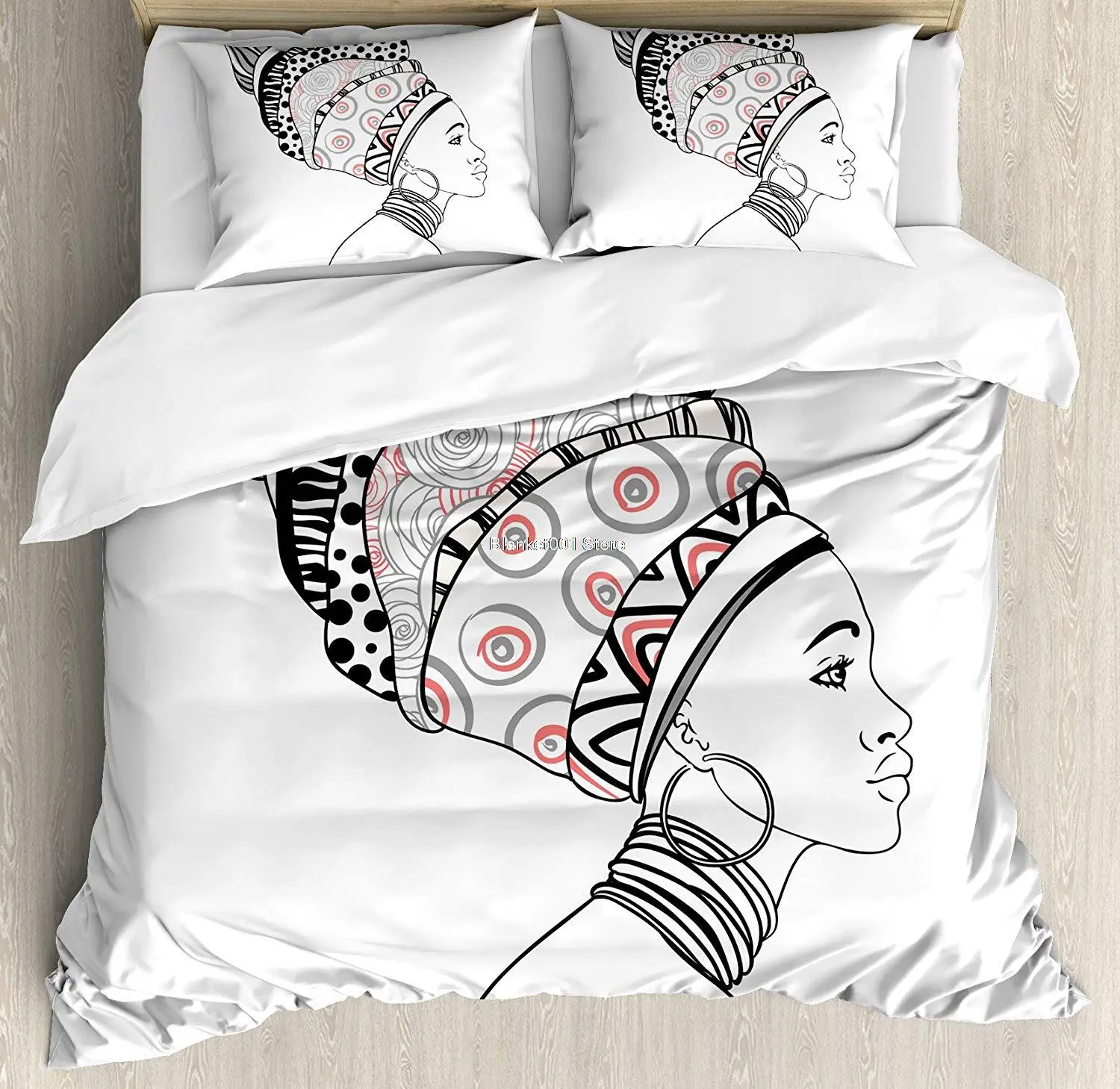 

African Duvet Cover Set Exotic Safari Lady in Boho Turban Glamour Folkloric Fashion Design Print Decorative 3 Piece Bedding Set