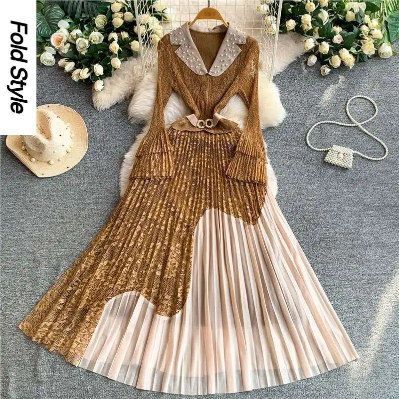 2026 New Light Luxury Elegant Fake Two-piece Lace Splicing A-word Dress Women's Pleated Long and Thin Dress