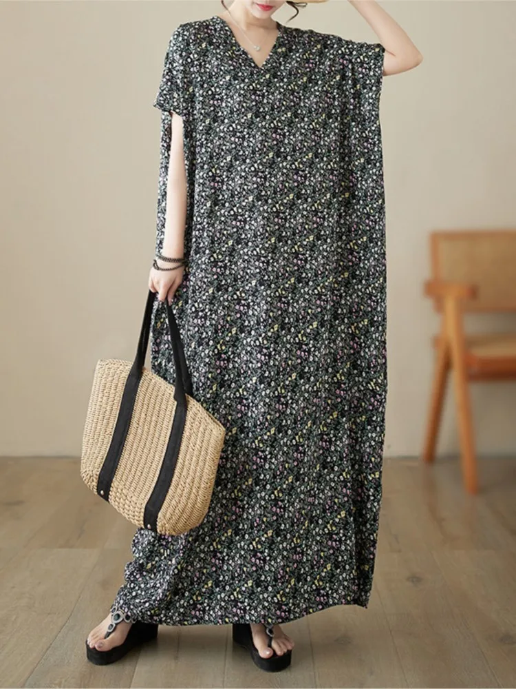 Oversized Summer Pullover V-Neck Long Dress Women Loose Ruffle Pleated Fashion Floral Print Ladies Dresses Casual Woman Dress