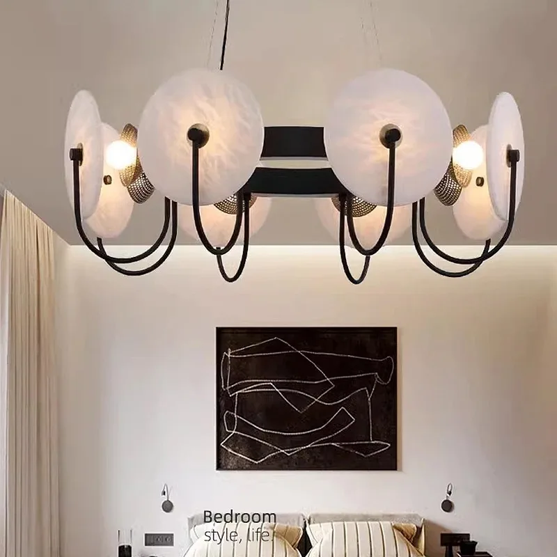 

French Luxury Retro Lamp Marble Full Copper Pendant Light for Office Chandelier Villa Hall Bedroom Living Room Study Lighting