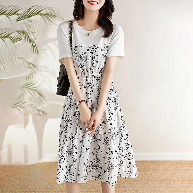 Summer flower pattern chiffon banding long and half sleeve one piece OP1853