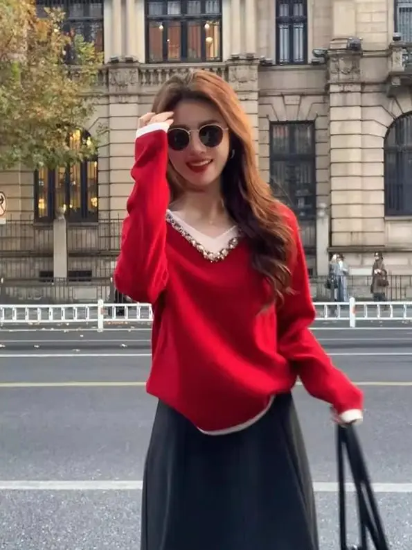 Red Knitted Base Shirt Women's Inner Wear Autumn Winter High End Feeling Outerwear New Year's Outfit Top Chinese Zodiac Year