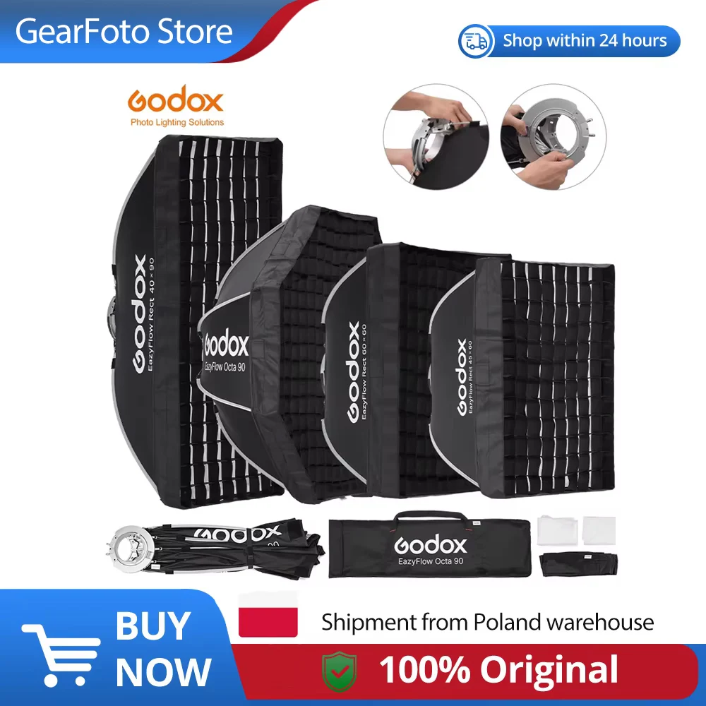 Godox EazyFlow Rechthoekige 30cm x 45cm, 40cm x 40cm, 60cm x 60cm, 90cm x 90cm Opvouwbare Softbox met Snelle Ontgrendeling, Draagbare Lichtverspreider voor Fotostudio's