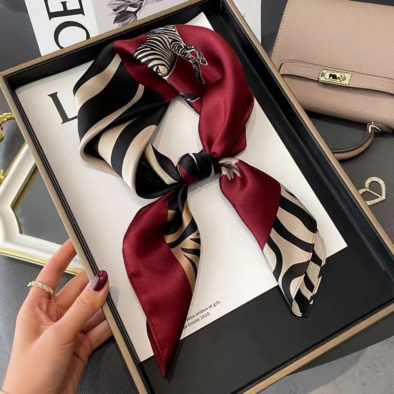 

70x70cm Burgundy Zebra Print 100% MULBERRY SILK Square Scarf Women Neck Bandana Retro Animal Pattern Hair Bag Wrap Fashion Gift