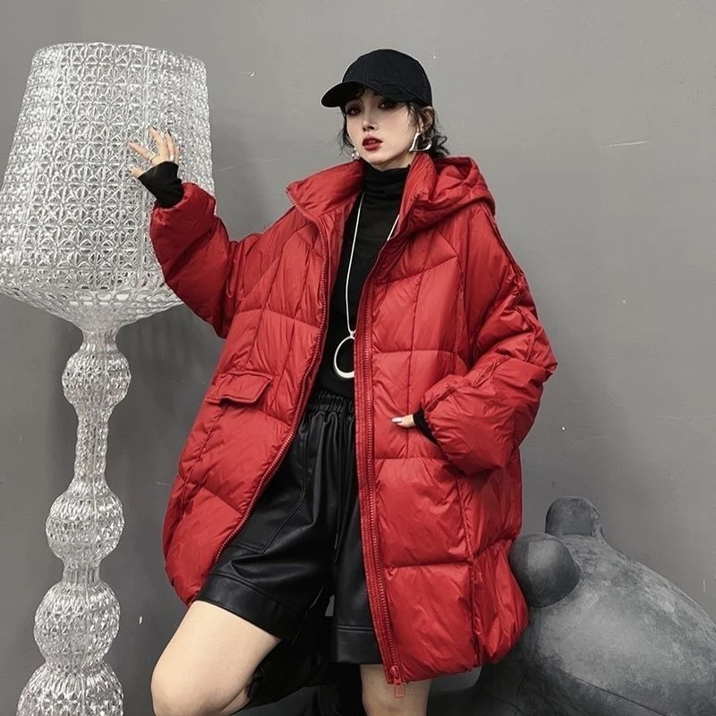 High Fashion Jas Losse Grote Koreaanse Donsjack Dames Dezelfde Stijl Trendy Middellange Witte Eendendons Capuchon Winter