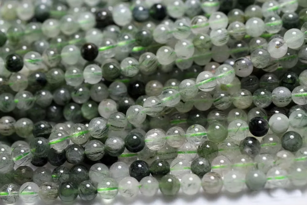 

1 strands/set) 6-8mm natural Actinolite green rutilated quartz crystal smooth round beads stone for jewelry maki