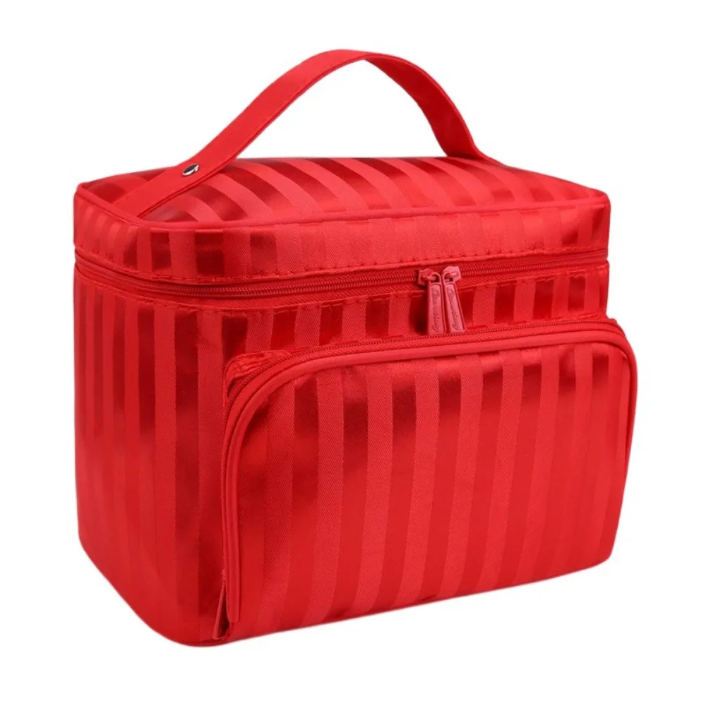 Bolsa de cosméticos a rayas de mano, bolsa de aseo plegable de gran capacidad con cremallera, bolsa de maquillaje impermeable para pequeñas empresas
