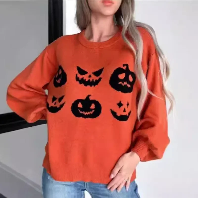 2024 European and American Women Orange Halloween Pumpkin Face Pattern Shoulder Knitted Loose Long Sleeve Sweater