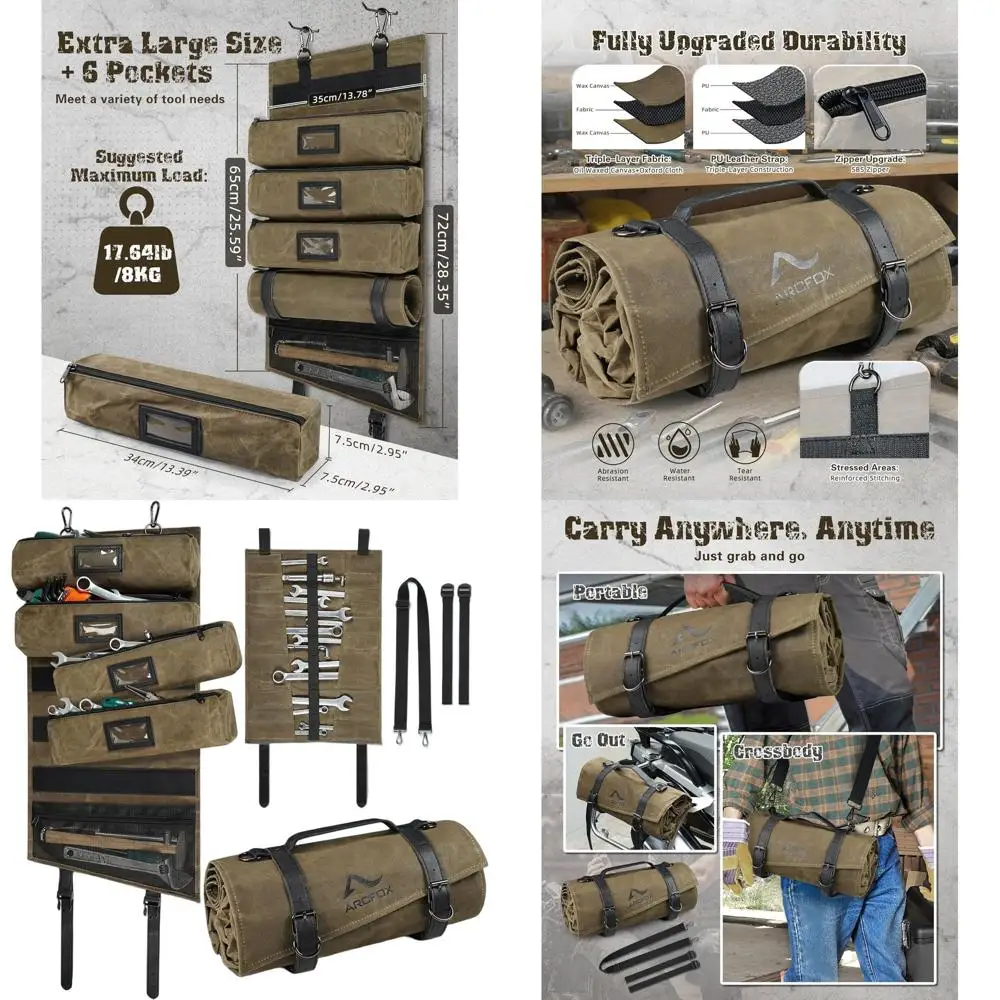 

Винтажная сумка-органайзер для инструментов из вощеного холста на 25 карманов с отстегивающимися подсумками и держателем для ключей, 15 л, для мотоцикла, коричневая