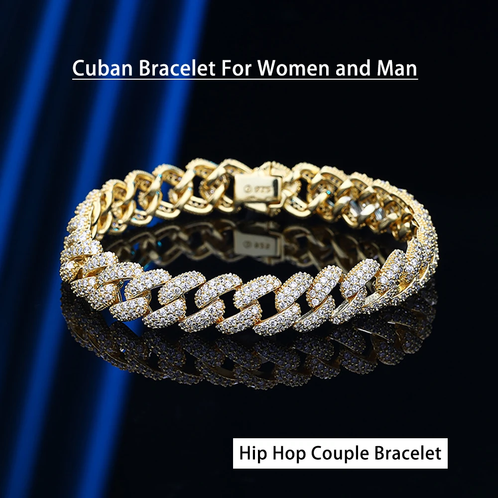 2 Row 8MM Cuban Bracelet Men Women Fine Jewelry S925 Silver High Carbon Diamond Couple Bracelet Plated 18K Hip Hop Link Chain