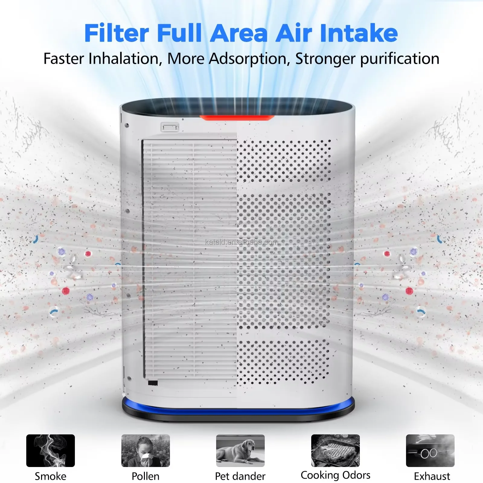 White/black air purifier, equipped with an AC power supply and an LED display, featuring a built-in activated carbon HEPA filter
