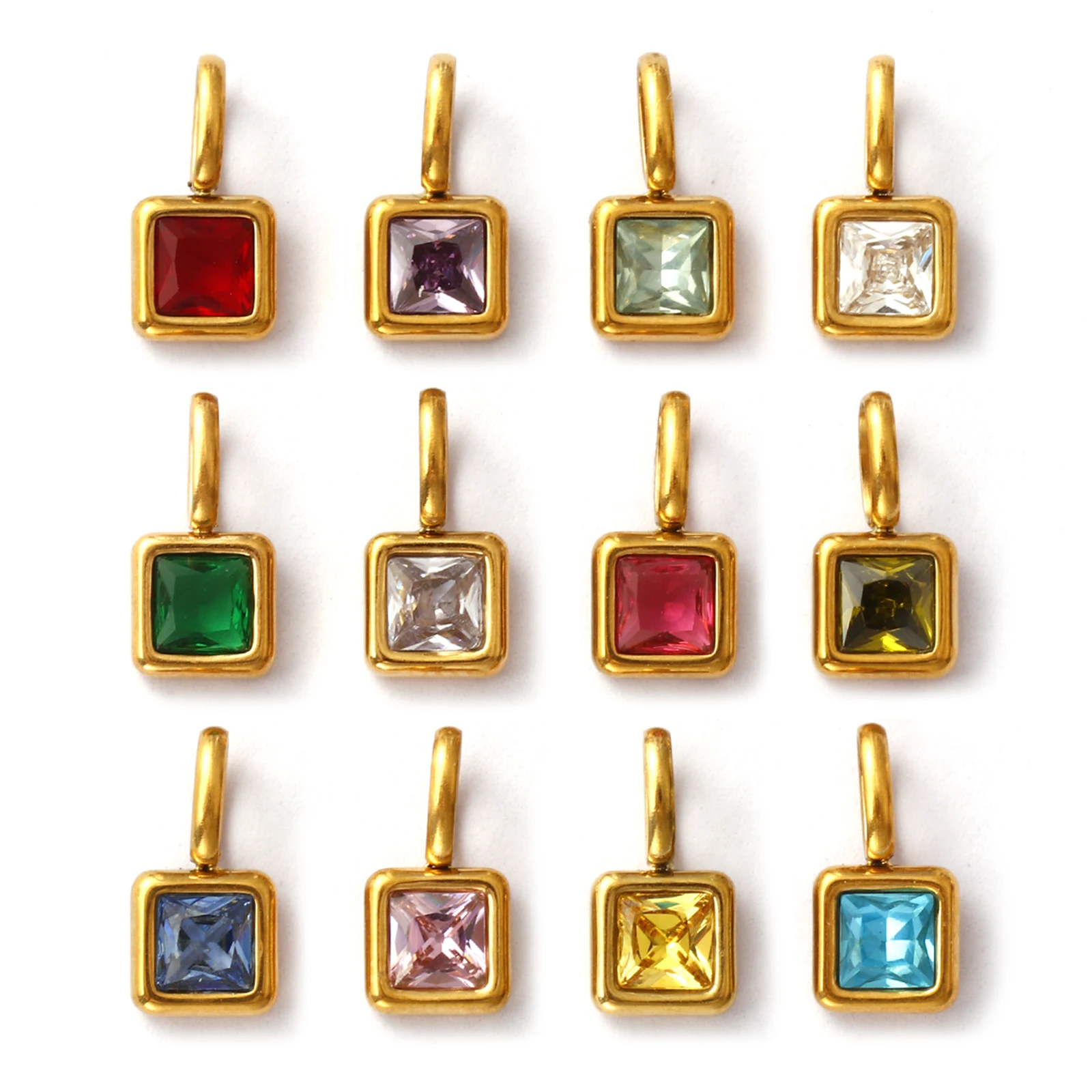 1pc Mini Stainless Steel Birthstone Charms Square Multicolour Cubic Zirconia Pendant For Women DIY Necklace Jewelry 12.5mm x 6mm