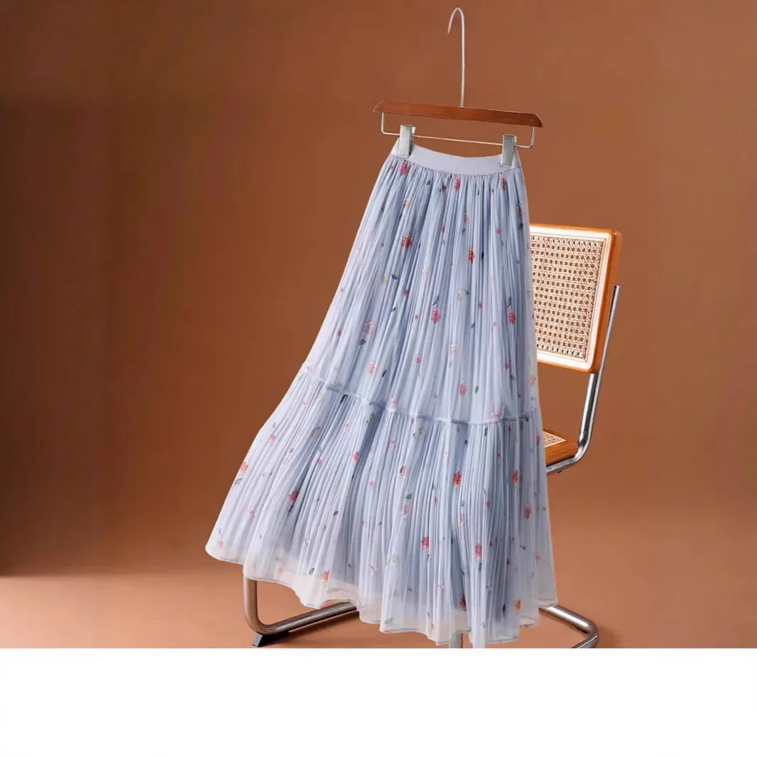 

Pleated Mesh Small Floral Skirt for Women Spring and Summer New Fairy Tulle Midi Skirt Pleated Skirt
