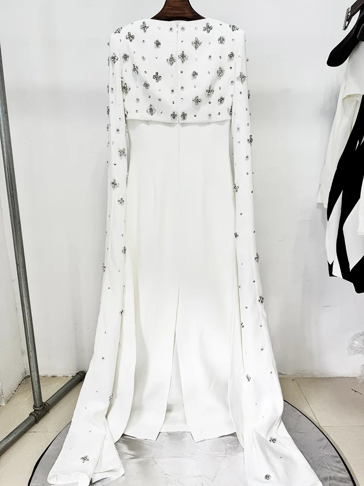 HIGH STREET 최신 2025 디자이너 Vestido 여성용 다이아몬드 페르시 케이프 슬리브 바닥 길이 맥시 롱 드레스