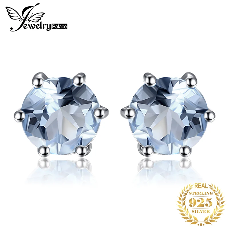 JewelryPalace Round 1.2ct Genuine Blue Topaz 925 Sterling Silver Stud Earrings for Women Fashion Gemstone Jewelry Party Gift