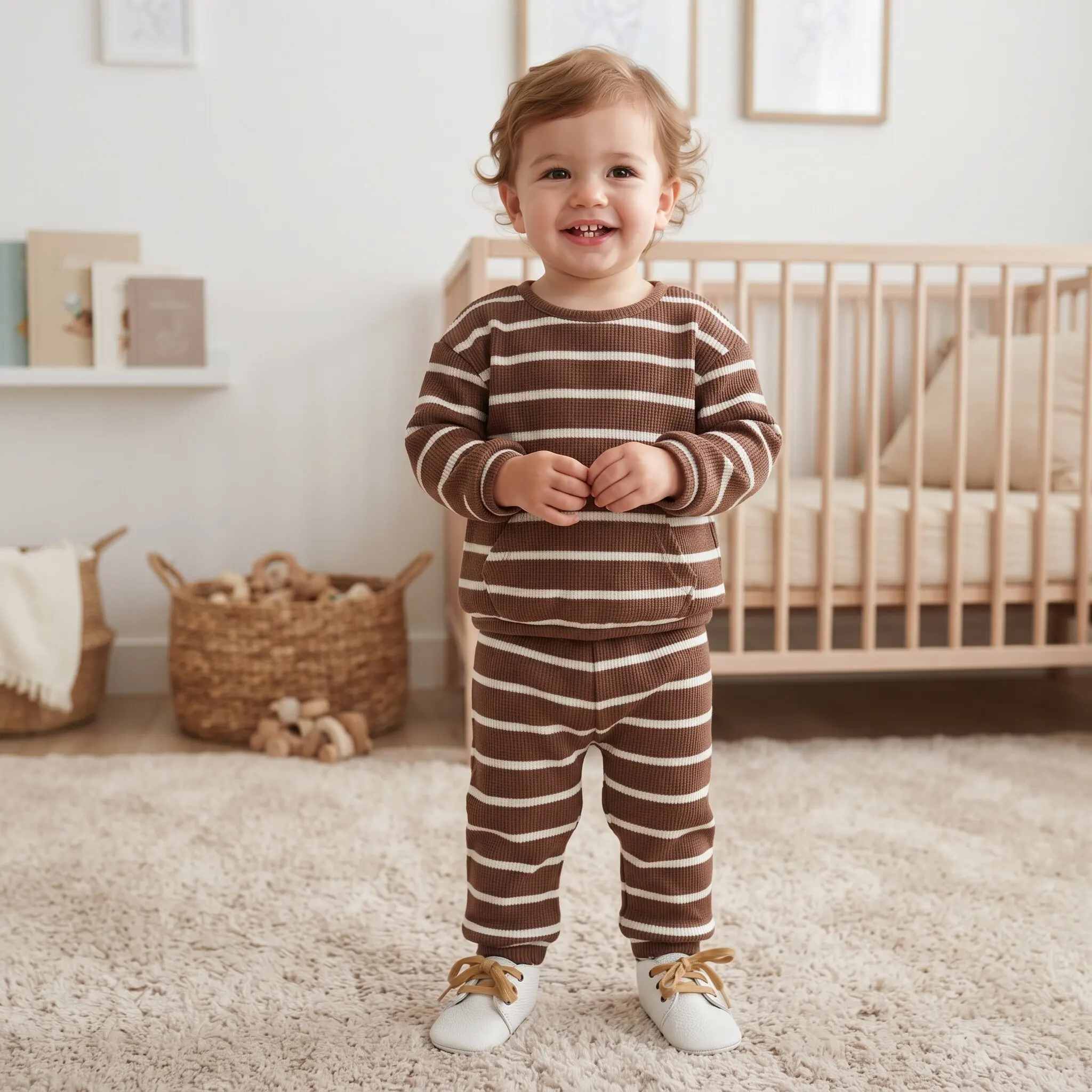 Korean Unisex Baby Brown White Stripe Waffle Set,Infant Crew Neck Kangaroo Pocket Top & Pants 2Pcs Casual Outfit