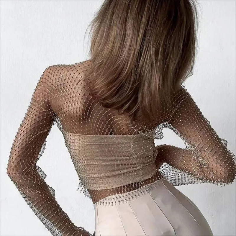 Kobiety Sexy Mesh See Through T Shirt Shiny Rhinestone Fishnet Hollow Out Crop Top Long Sleeve Beach Cover Up Party Club Tank Tops