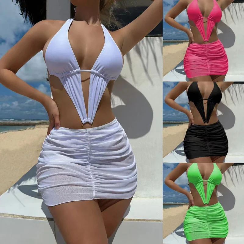 New sexy hollow-out one-piece solid color two-piece swimsuit bikinibikini