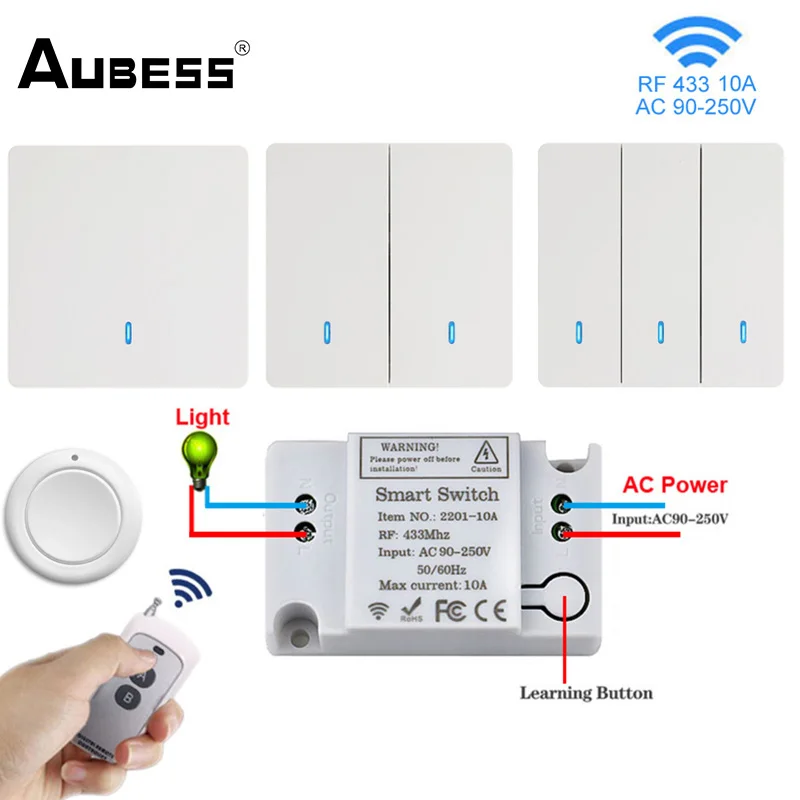 Interruttore Wireless RF 433Mhz Smart Switch pannello a parete con telecomando AC90V ~ 250V Mini ricevitore relè per ventola lampada a luce LED