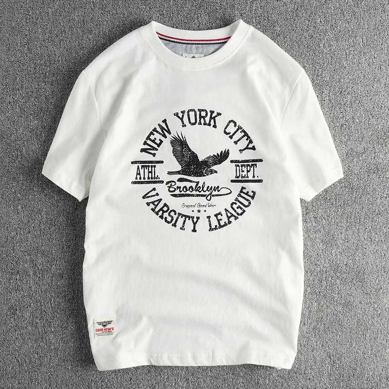 Summer New American Retro Short-sleeved O-neck Eagle Letter Printed T-shirt Men\'s Fashion 100% Cotton Washed Casual Sport Tops