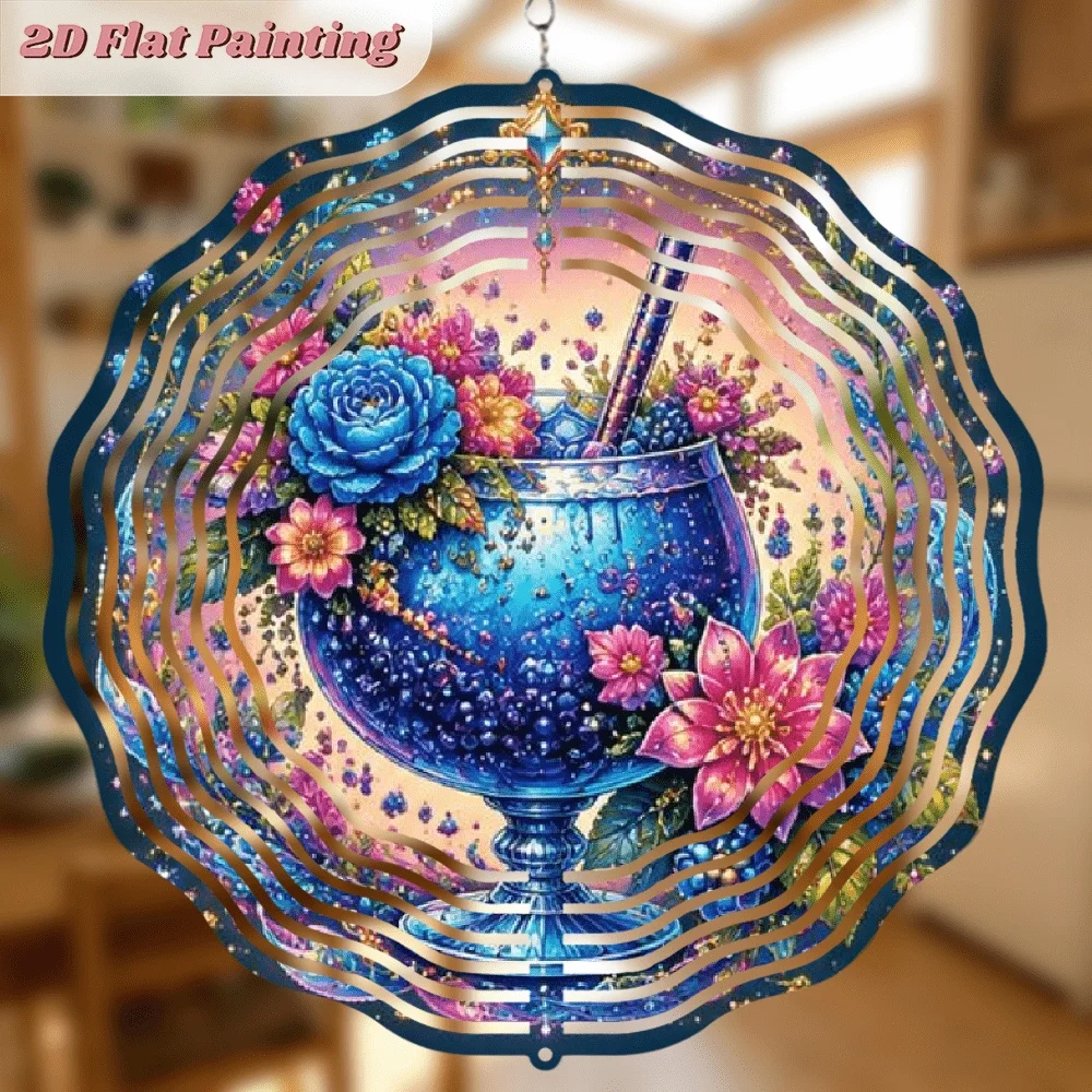 CIFBUY Blue Flower Goblet Metal Wind Spinner, Spiral Hanging Ornament for Patio Home Wall Decor