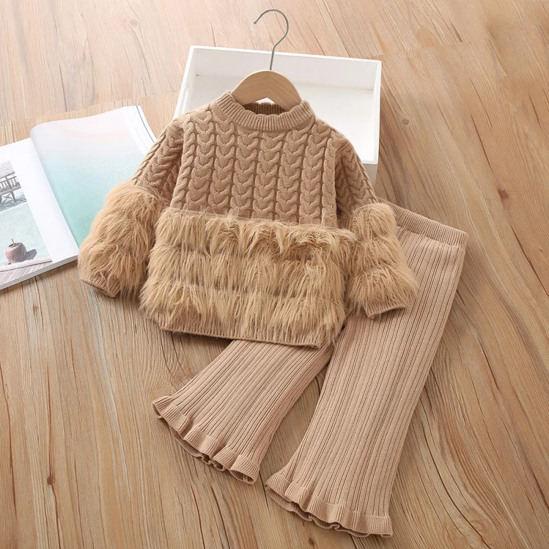

Girls' Sweater Set Autumn Winter New Fashionable Solid Color Cable Knit Long Pants Two-Piece Set Trendy
