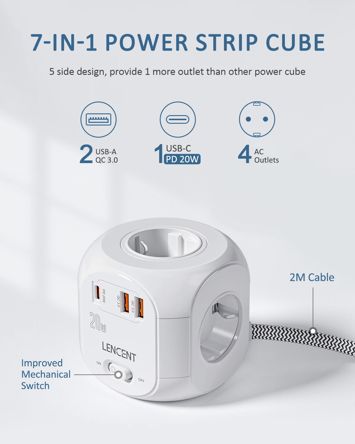 LENCENT Power Strip Cube with 4 AC Outlets +2 QC3.0 USB +1 PD20W Type C 2M/3M Braided Cable Multi Socket with Switch for Home