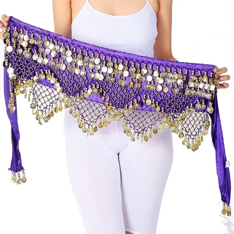 Kobiety Gold Coins Belly Dance Waist Belt Shiny Belly Dancing Hip Scarf Velvet Indian Dance Costume Oriental Hip Scarf Wrap Skirt