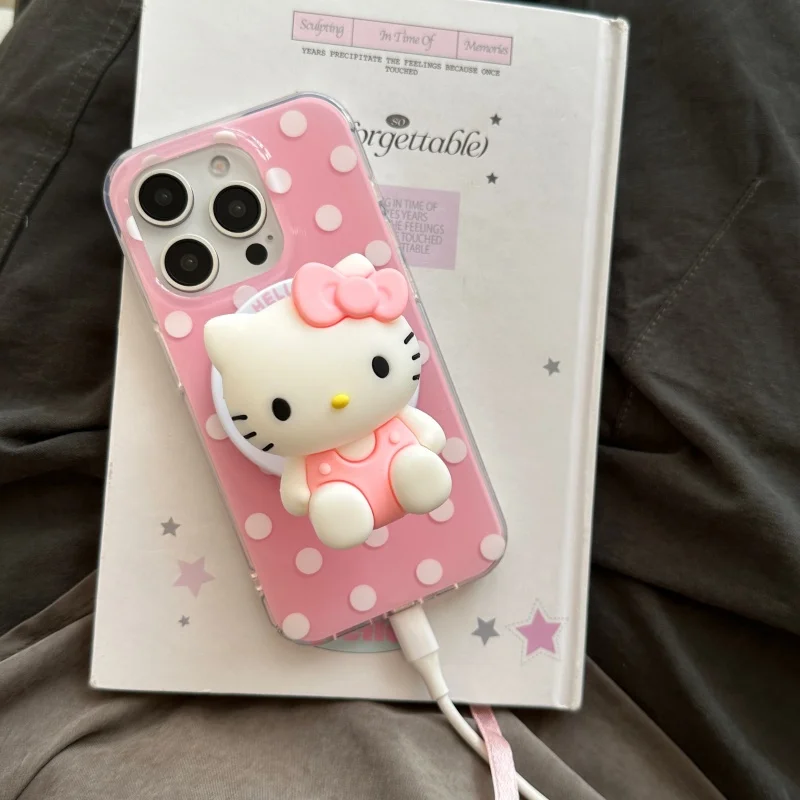 

Cute Pink yellow Polka Dots Magsafe Wireless Charge Case For iPhone 13 14 15 16 Pro Max cartoon Cute Hello Kitty Magnetic Holder