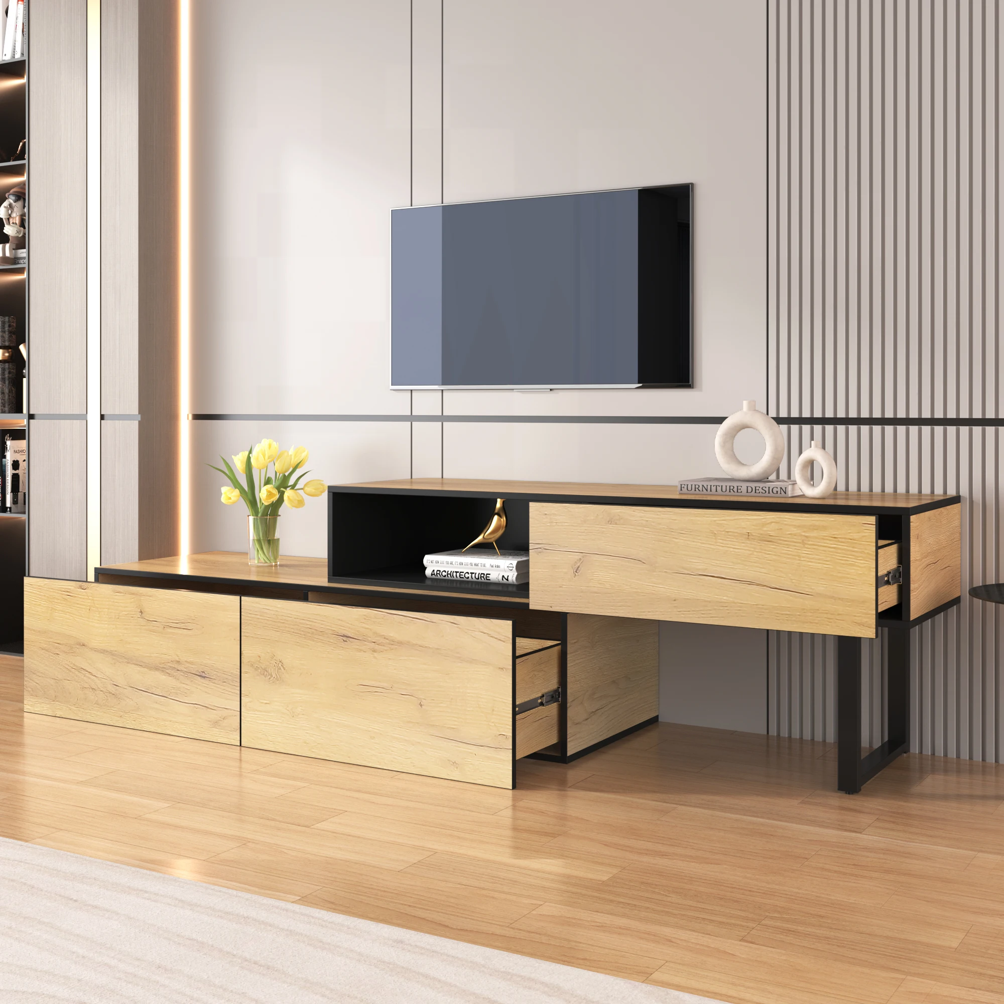 TV wardrobe combination with adjustable length, living room furniture with three drawers and a large compartment