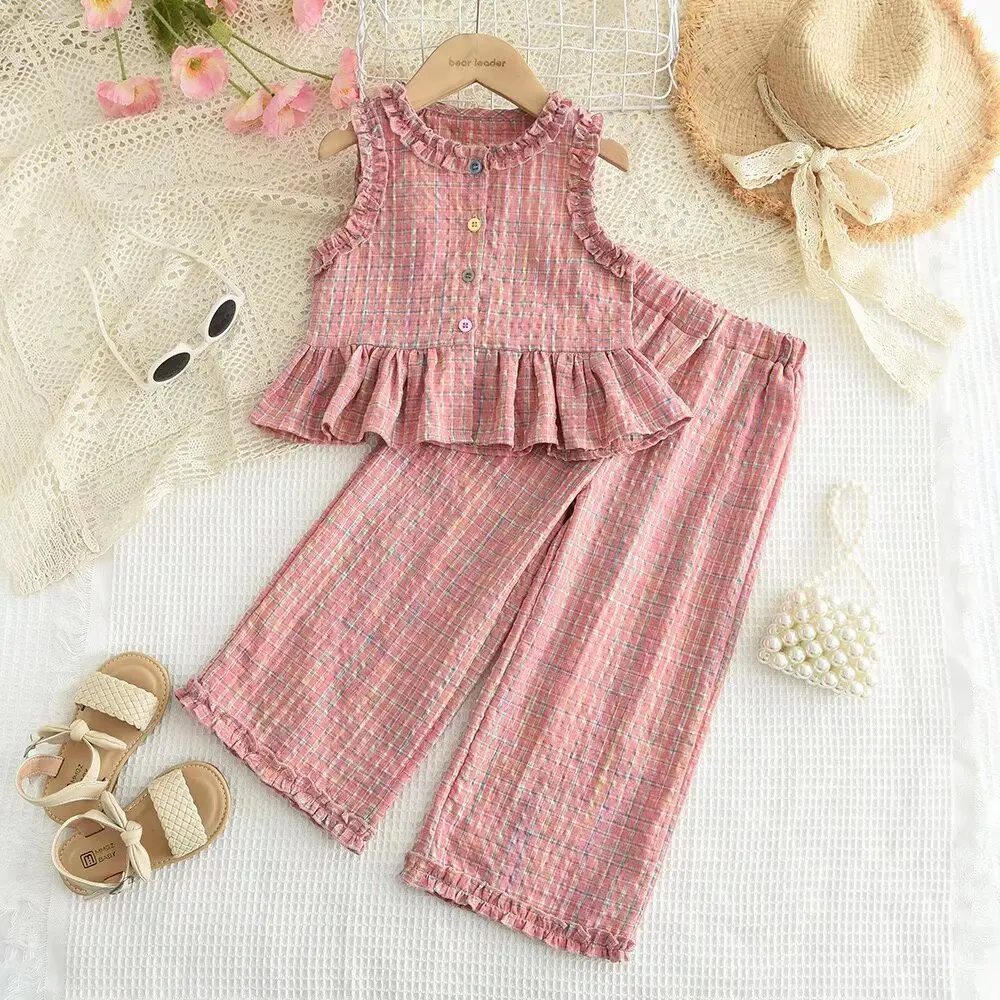 Korean Version 2-10 Year Old Girls and Teenagers Casual Suit with Checkered Lace Single Breasted Top and Pants Two-piece Set