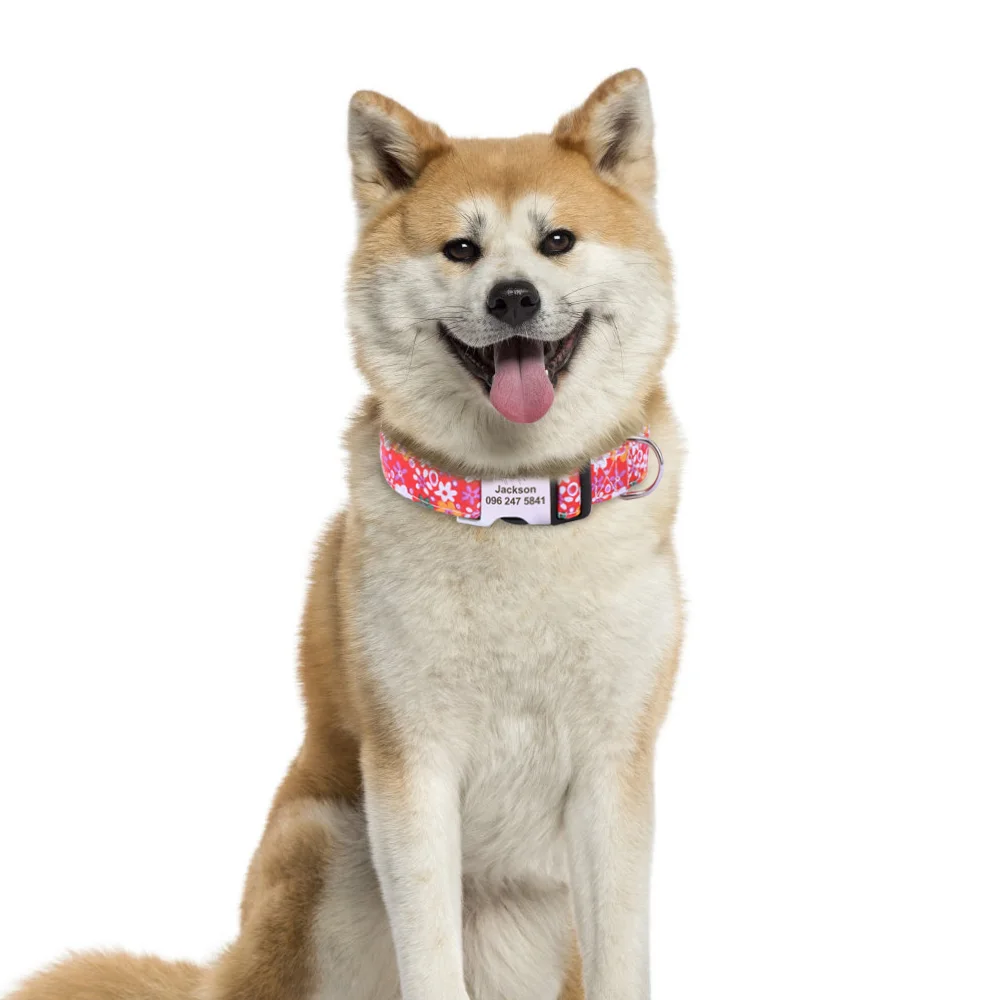 Printed Nylon Personalized Dog Collar Custom Dog Collar Floral Puppy Necklace Engraved Name For Small Medium Large Dogs Bulldog_voghion.com