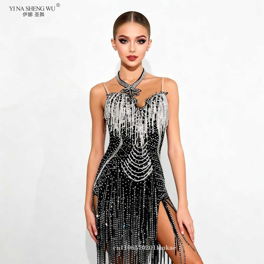 

Женское элитное индивидуальное платье на бретелях с кристаллами и бахромой для латиноамериканских танцев, сценическое костюм для самбы со стразами