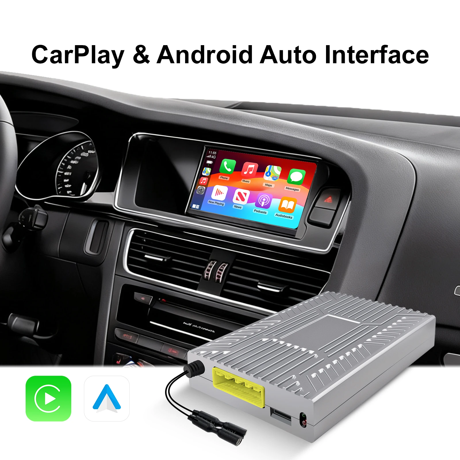 Full Screen Upgrade Decoder Box Wireless CarPlay and Android Auto Retrofit Kit for Audi A4 A5 Q5 2009-2016, 6.5