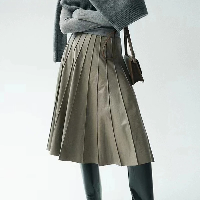 Charming Pleated Long Skirt Women Harajuk 100% Leather Sheepskin Patchwork Faldas Female Slim Jupe  Women Clothing