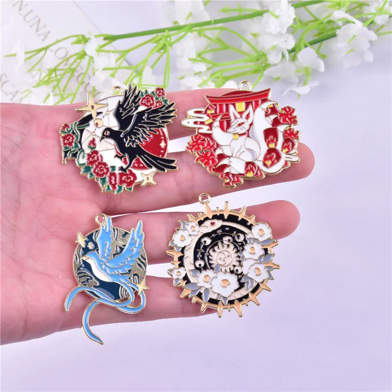 10pcs/pack Big Size Sun Fox Bird  Round  Enamel Metal Charms Pendant Jewelry Making Craft DIY