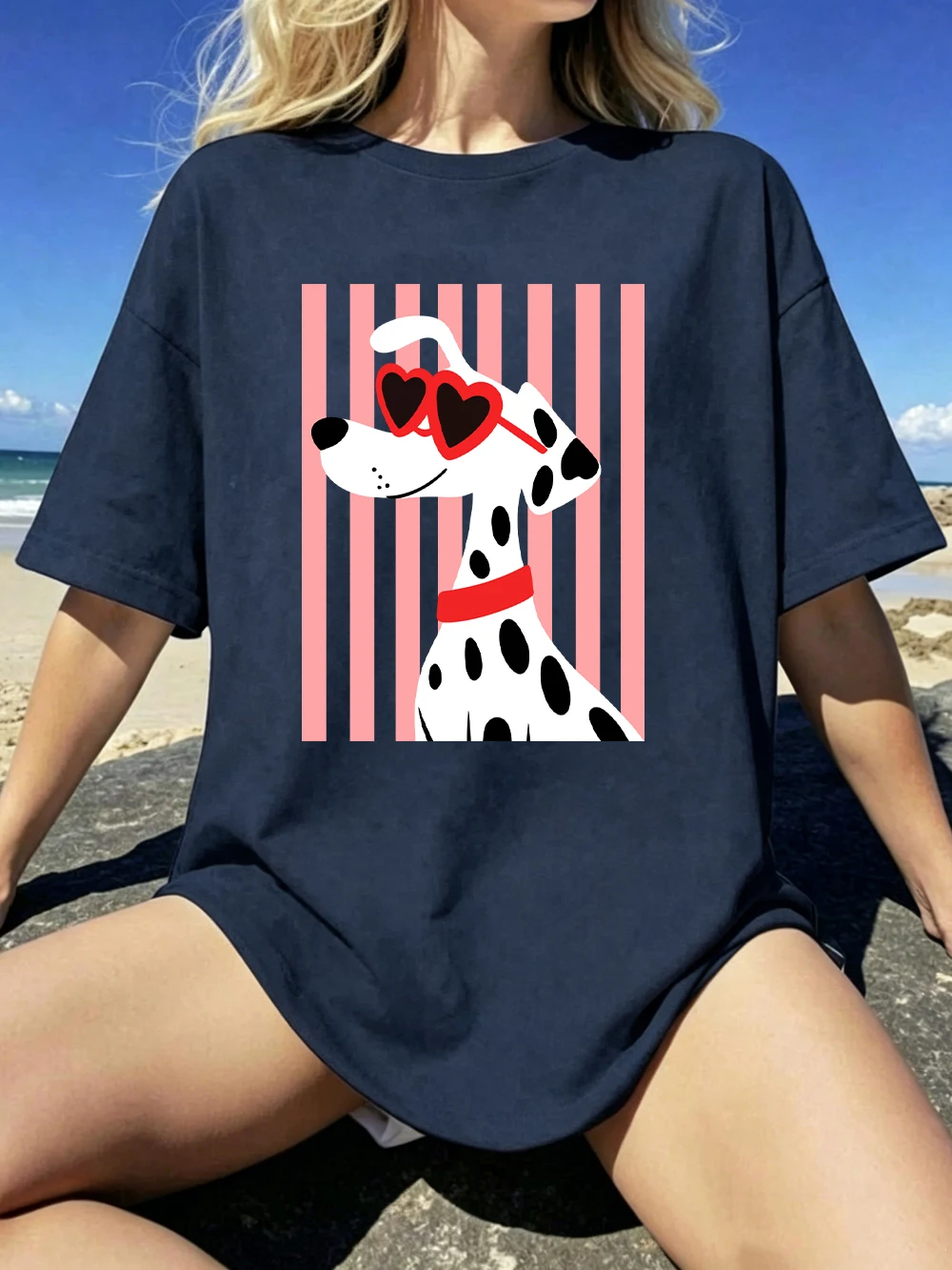 Herzförmige Sonnenbrillen Dalmatiner-Hundemotiv T-Shirts Damen Baumwolle Sommer Übergroße Oberteile O-Ausschnitt Kurzarm-T-Shirts Weiche Streetwear – Detail 29
