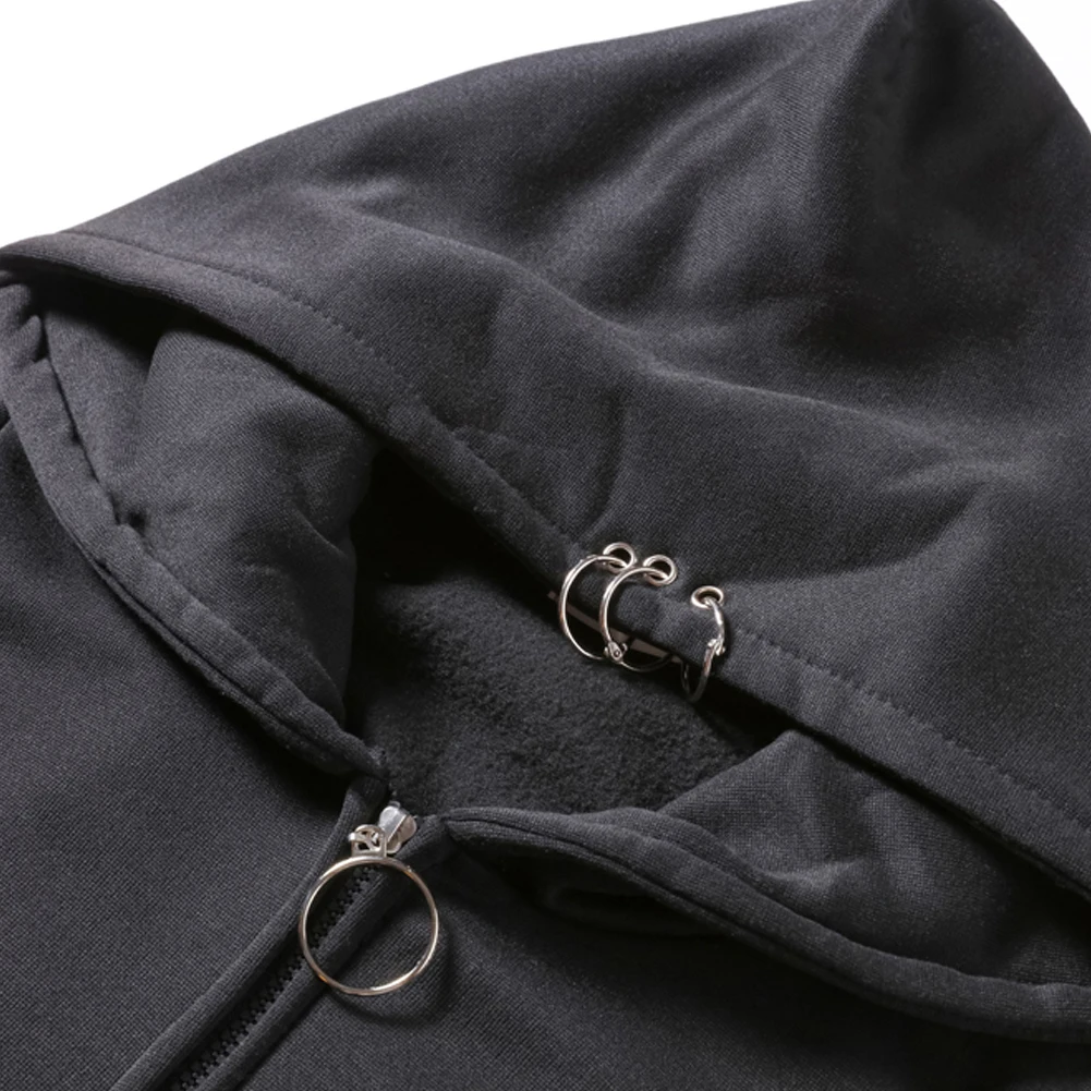 XUANSHOW 2024 Women Hoodies Gothic Punk Iron Ring Sweatshirts Autumn Winter Long Sleeve Zip-up Black Jacket Zipper Ladies Coat