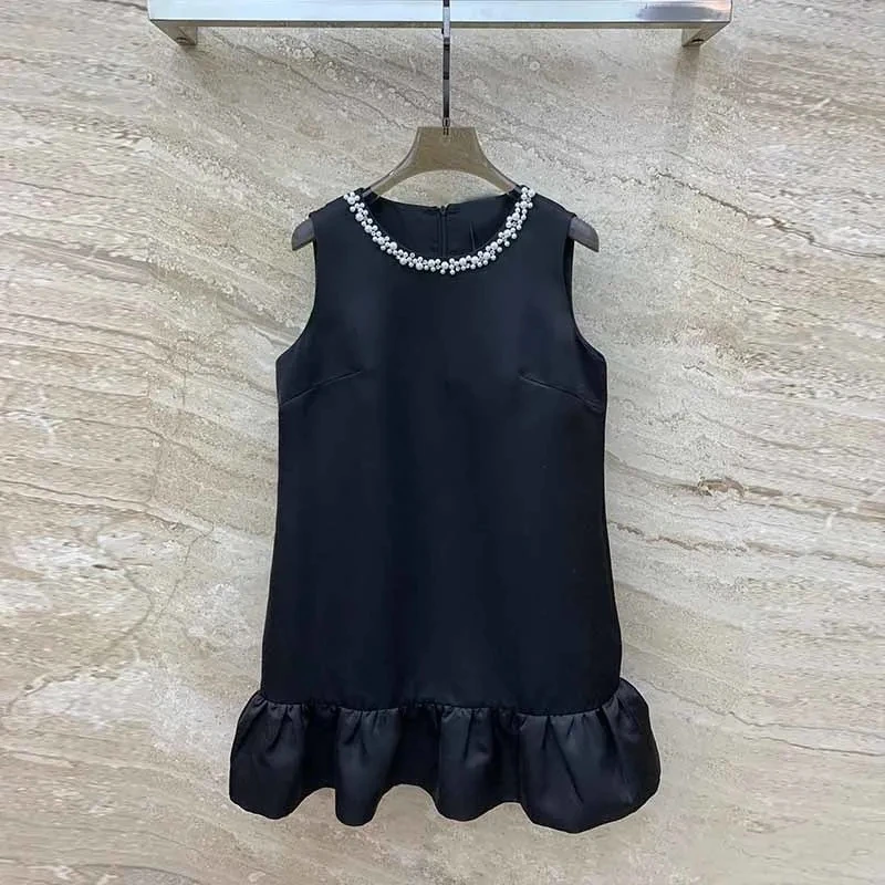 24 Women's Black Pearl Round Neck Dress Designer Sleeveless With Back Zipper Pleated Hem Mini Dresses Elegant Party Clothing New