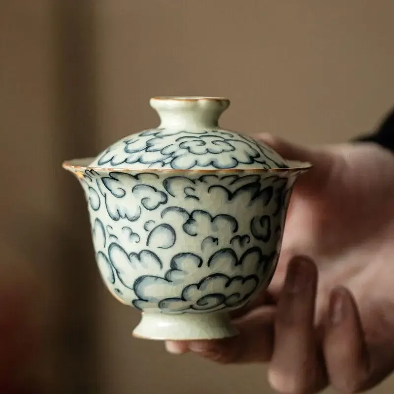 Xiangyun Ruyao floral edge double talent cover bowl tea drinking bowl single tea cup not hot hand teacup antique ceramic Gongfu