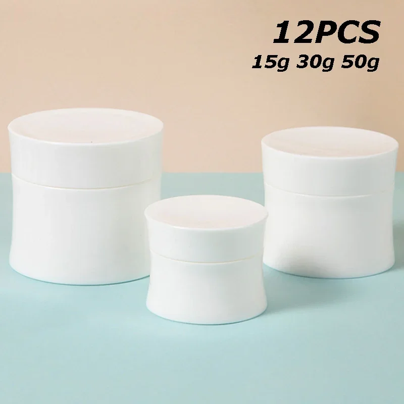 12Pcs 15/30/50g White Tight Waist Container Plastic Empty Makeup Jar Pot Travel Cosmetic Face Cream Lotion Jar Refillable Bottle