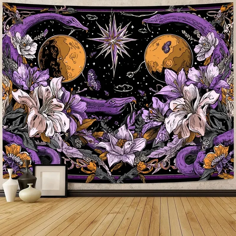 VIKAMA Mystic Snake Moon Tapestry Purple Floral Starry Sky Wall Hanging Occult Witchy Art Wall Tapestry for Bedroom Home Decor