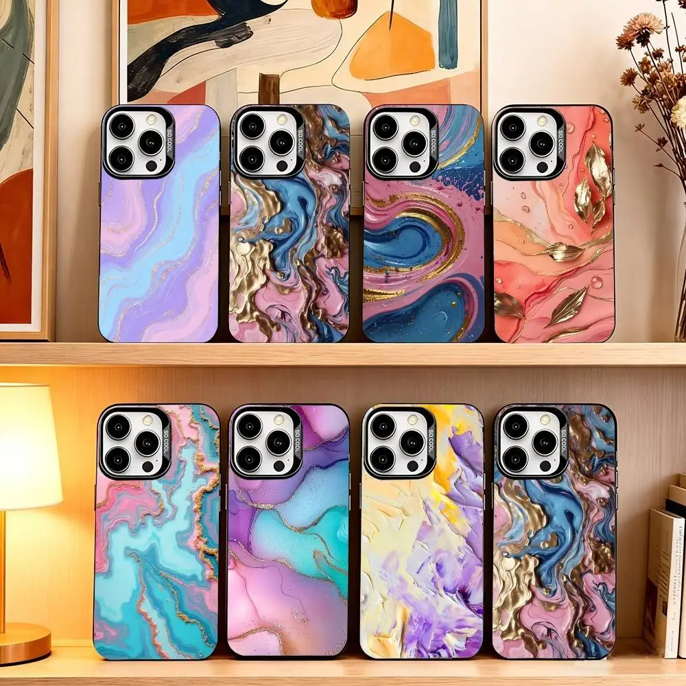 

Luxury pink blue Oil Painting Phone Case For iPhone 17,16,15,14,13,12,11 Plus,Pro Max,XS,Colored Silver Plated Inside Cover