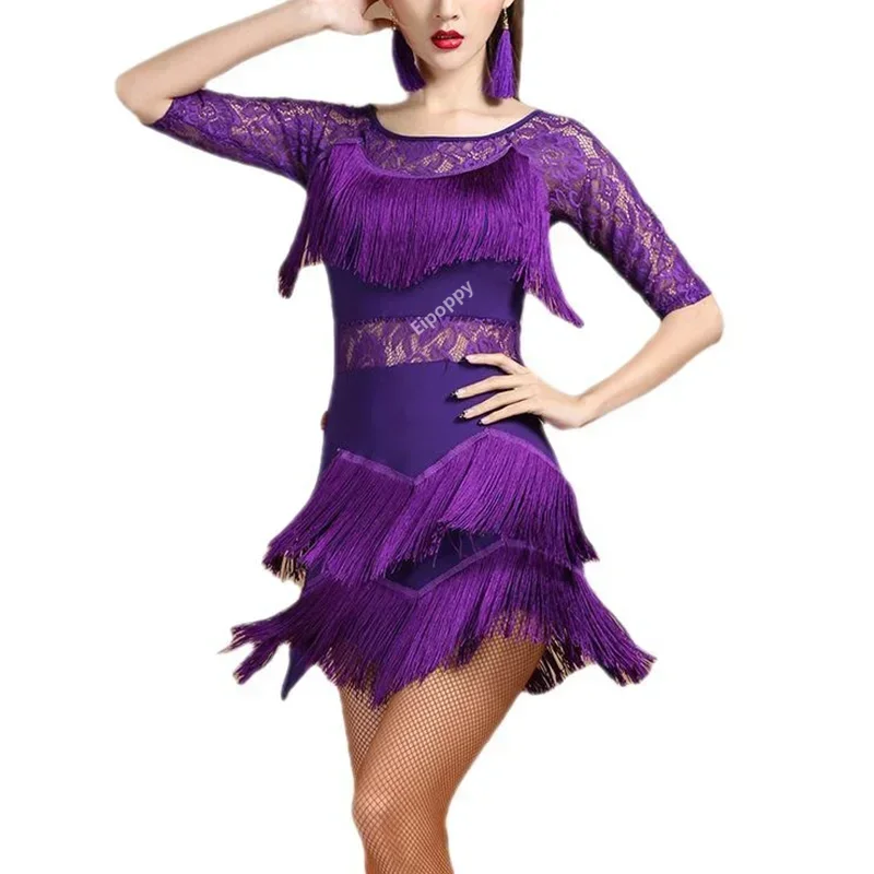 

Women Tassels Latin Dance Dress Flapper Lady Lace Ballroom Tango Salsa Rumba Jazz Stage Performance Costumes Adult Outfit