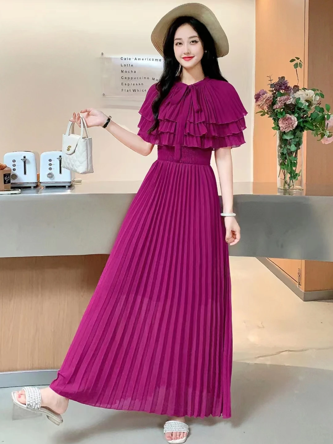 2024 New Summer Women Lace-up Bow Cloak Sleeves Slim Long Dress High Quality Elegant Big Hem Solid Color Pleated Chiffon Dress