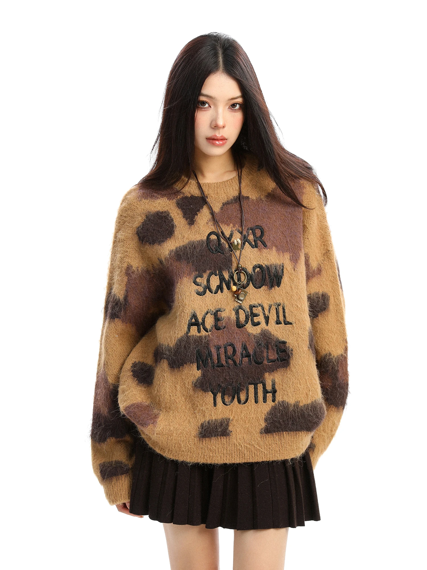 

Корейский женский вязаный свитер свободного кроя с круглым вырезом, вышивкой букв и эффектом тай-дай, топ с круглым вырезом для осени и зимы