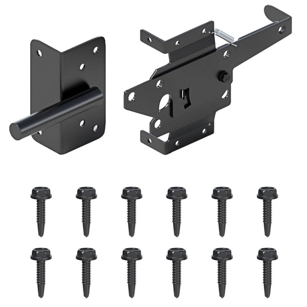 1 Set Self-Locking Gate Latch Lock Garden Fence Latch Carbon Steel Post Mounted Fence Gate Latch Heavy Duty Automatic Door Lock