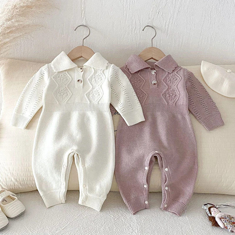 025 New Autumn Children Clothes Infant Baby Girls Knitted Jumpsuit Long Sleeved Solid Color Toddler Baby Girl Knitted Romper
