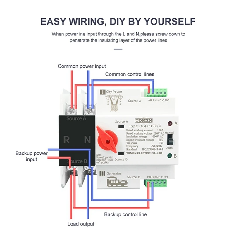 TOMZN 3X Din Rail 2P ATS Dual Power Interruptor de transferência automática Seletor Elétrico Comuta Potência Ininterrupta 63A